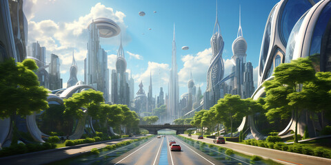 Futuristic cityscape, highway view with electric cars, densely planted trees and greenery, future city with skyscrapers and modern buildings