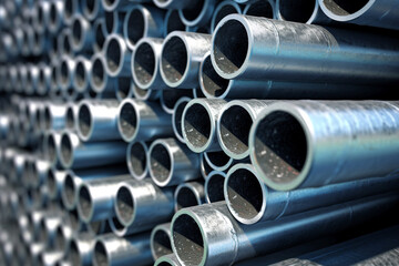 Galvanized steel pipe in stacks in a warehouse. Industrial building materials - aluminum alloy...