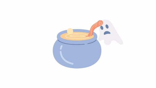 Cauldron with floating ghosts 2D animation. Boiling pot on Halloween, shadows of souls 4K video motion graphic. Magic cooking with haunted spirits color animated cartoon flat concept, white background