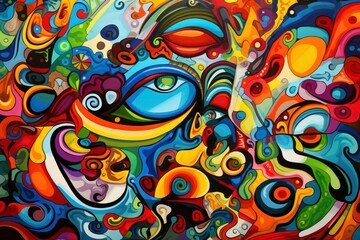 Psychedelic abstract painting featuring vibrant colors, bold shapes, and flowing patterns. Concept of imaginative art and creativity.