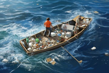 Obraz premium Garbage cleanup by boaters tackling ocean pollution. Concept of environmental responsibility.