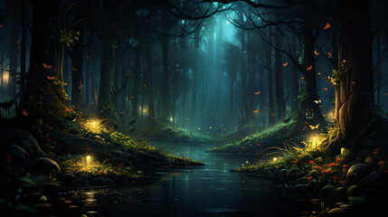 Fototapeta na wymiar Dark forest with fireflies in it
