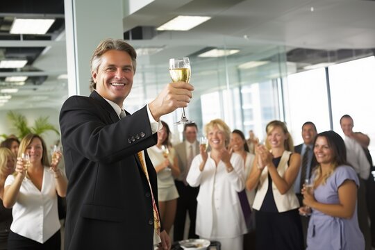 Formal office event. Businessman gives a toast, colleagues celebrate teamwork and achievements. Concept of leadership and corporate camaraderie.