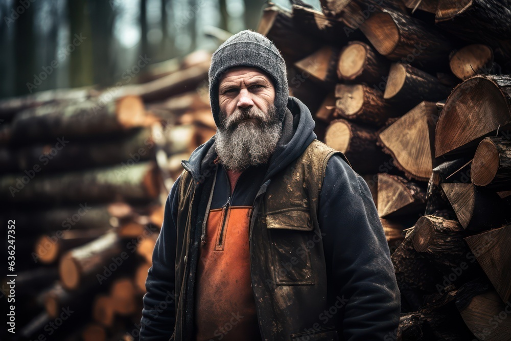 Wall mural A middle-aged lumberjack works at a logging site