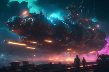 Sci-fi futuristic wallpaper. Landing of a huge spaceship on the base at night. Dramatic and dynamic scene in the style of sci-fi action movies.
