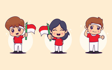 template icon set Happy boy and girl celebrating and holding flag illustration of cute kawaii chibi character on pink background.
