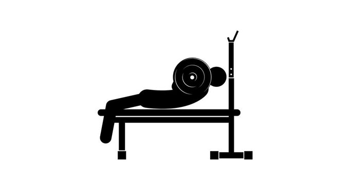 Set of stick figures barbell bench press on a white background, flat 4K animation.