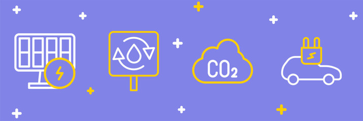 Set line Electric car, CO2 emissions in cloud, Recycle clean aqua and Solar energy panel icon. Vector