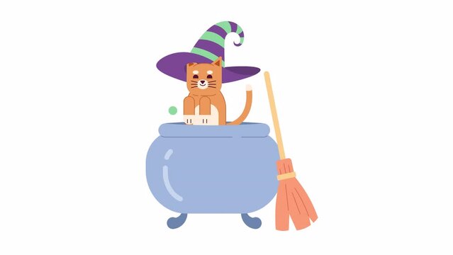 Witch hat cat leaping out of cauldron 2D animation. Animal in halloween costume 4K video motion graphic. Magic potion boiling. Kitten witchcraft color animated cartoon flat concept, white background