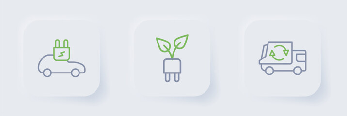 Set line Garbage truck, Electric saving plug in leaf and car icon. Vector