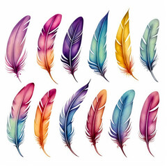 set of rainbow watercolor feathers