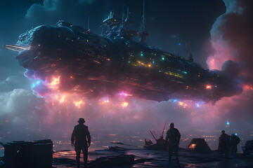 Sci-fi futuristic wallpaper. Landing of a huge spaceship on the base at night. Dramatic and dynamic scene in the style of sci-fi action movies.