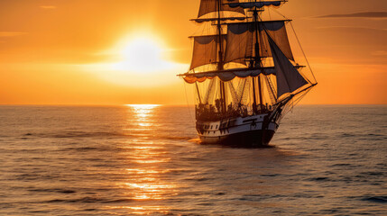 Obraz premium Barque ship in the ocean at sunset. Generative Ai
