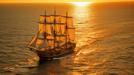 Obraz premium Barque ship in the ocean at sunset. Generative Ai