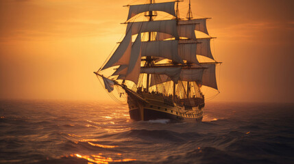 Fototapeta premium Barque ship in the ocean at sunset. Generative Ai