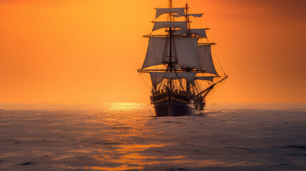 Fototapeta premium Barque ship in the ocean at sunset. Generative Ai