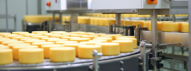 Round cheese in the food industry is clean and fresh. Cheese on an automated conveyor belt. Cheese in production. Banner. Generative AI