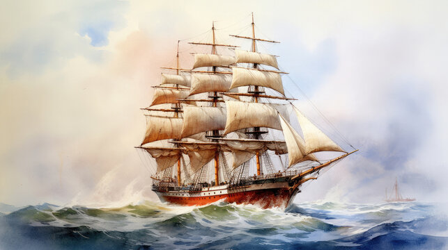 Barque ship painted  in the ocean by watercolor. Generative Ai