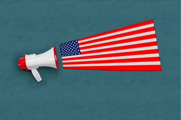 USA flag, Loudhailer or megaphone, loudspeaker. Announcement, elections, campaigning, voting,...