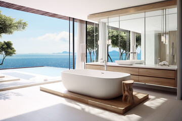 Luxurious, large and spacious bathroom, sea outside