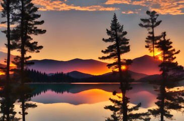 Naklejka premium Serenity of Mountain Lake Sunset - A Tranquil Landscape in New Hampshire