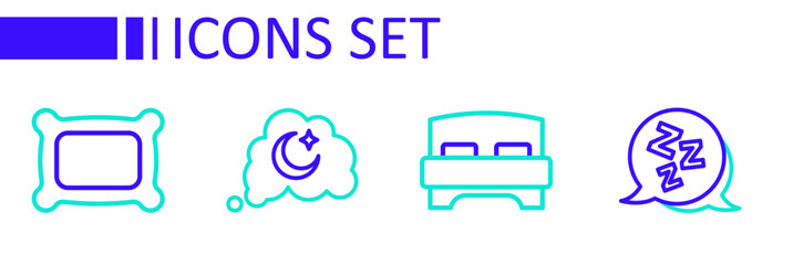 Set line Sleepy, Big bed, Dreams and Pillow icon. Vector