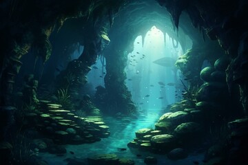 An underwater cavern teeming with glowing organisms. Generative AI