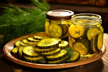 Preserved homemade dill pickle slices. Generative AI
