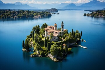 Bird's eye view of Isola Bella, part of Isole Borromee archipelago on Lake Maggiore, Italy. Generative AI - obrazy, fototapety, plakaty