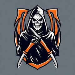 A logo for a business or sports team featuring the grim reaper death skeleton that is suitable for a t-shirt graphic. 
