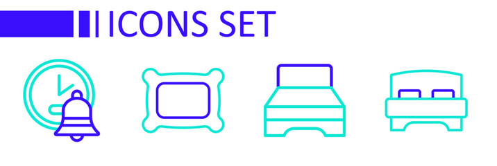 Set line Big bed, Pillow and Alarm clock icon. Vector