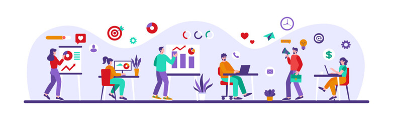 Computer work. Office community. Marketing managers team. Persons with laptop and tasks. Employee presenting project infographic at whiteboard. Business characters. Vector illustration