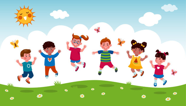 Happy kids. Children play in meadow. School summer day. Fun camp or kindergarten. Spring vacation. Cheerful boys and girls walking outdoor. Jumping people. Vector cartoon tidy background