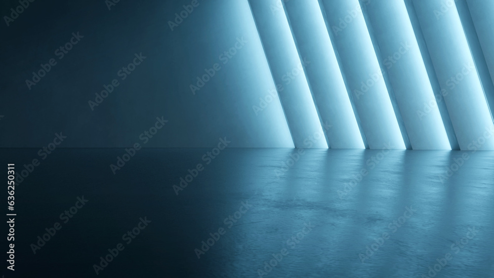 Fototapete 3d rendering of dark abstract architecture and neon light with empty concrete floor.