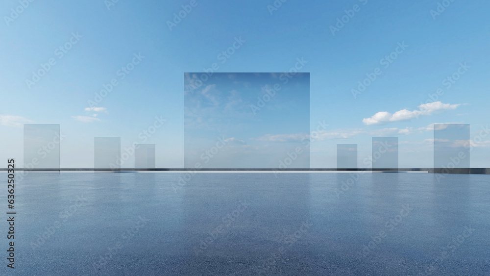 Fototapete 3d render of abstract futuristic glass architecture with empty concrete floor.