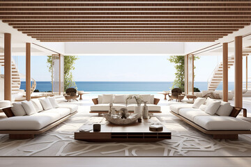 Luxurious, large and spacious lounge, blue ocean outside