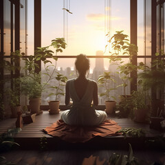 an Asian girl is doing yoga on a balcony, decorated with plants and flowers, in the sunrise