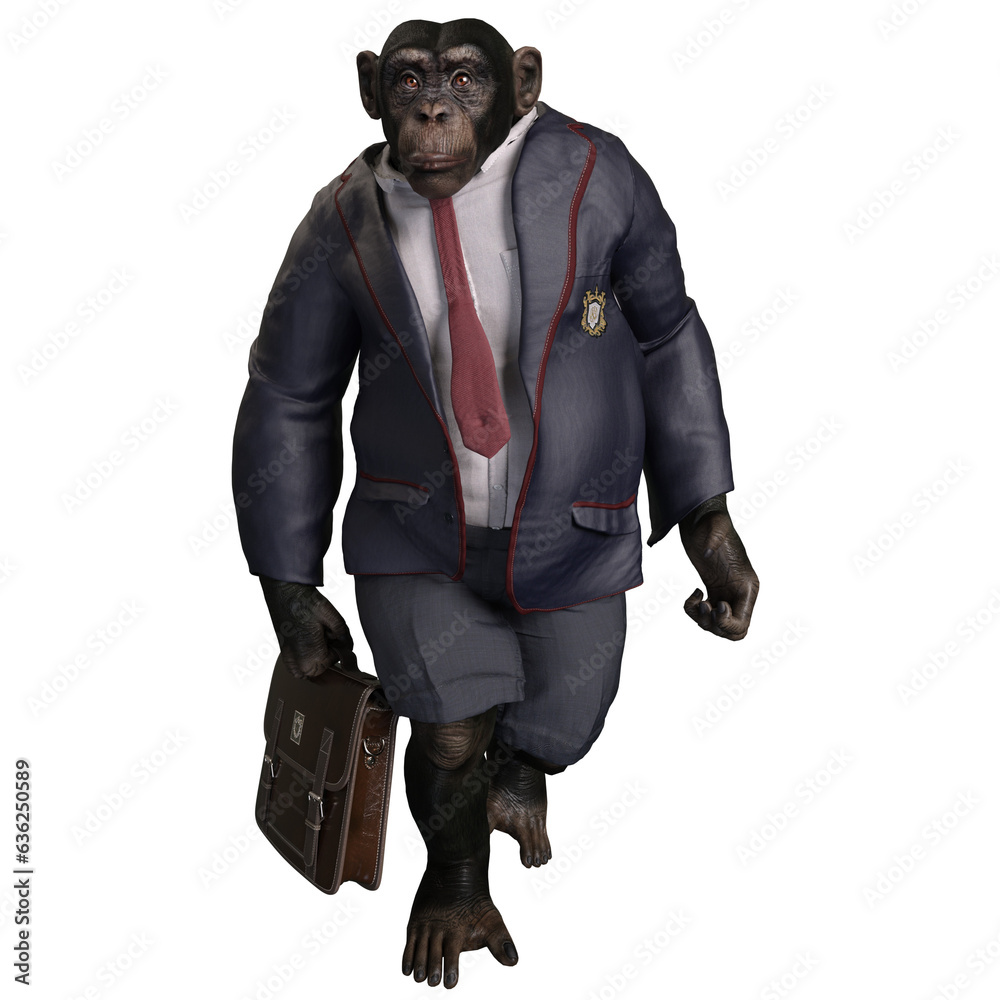 Wall mural A 3d rendered male chimp dressed in a suit with a tie holding a suitcase. 