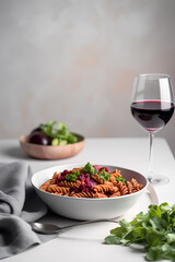 Pasta with red wine. Italian food.