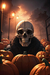 Halloween Cinematic Poster With Skull and Pumpkins Wallpaper