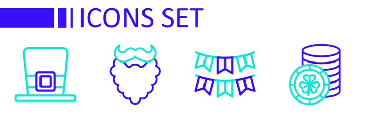 Set line Golden leprechaun coin, Carnival garland with flags, Mustache beard and Leprechaun hat icon. Vector