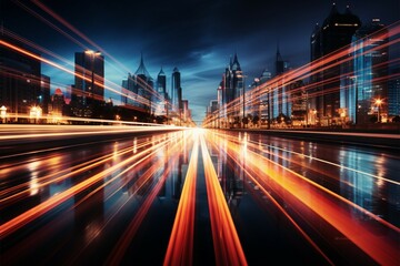 Vibrant urban blur Abstract long exposure crafts dynamic light trails in city environment Generative AI