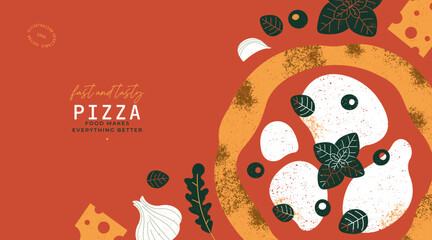 Italian pizza horizontal design template. Pizza Margherita with tomatoes and mozzarella. 