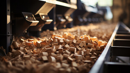 Production of biocombustible biomass wood pellet at the plant.