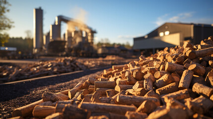 Production of biocombustible biomass wood pellet at the plant. - obrazy, fototapety, plakaty