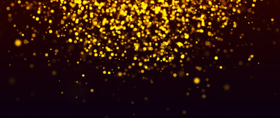 Golden particles shining dust bokeh glitter awards abstract background. Futuristic glittering in space on black background.