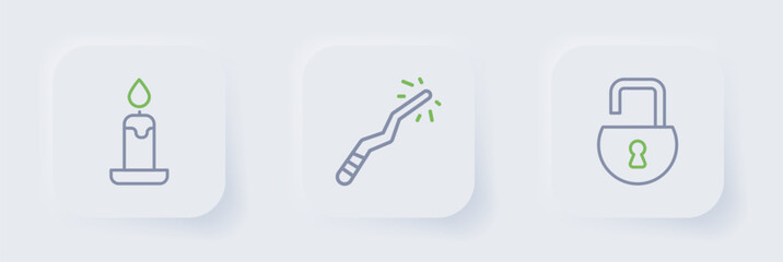 Set line Open padlock, Magic wand and Burning candle icon. Vector