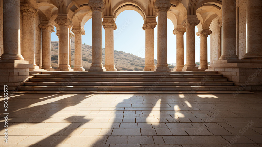 Wall mural stone colonnade and stairs detail.