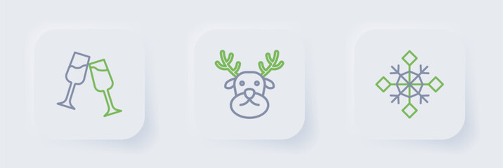 Set line Snowflake, Reindeer and Glass of champagne icon. Vector