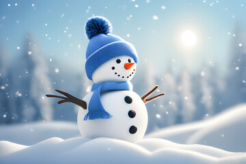 Fototapeta premium Winter Christmas background. Snowman, pine tree and snow on a frosty sunny day. illustration in cartoon style. New Year's Christmas holiday.